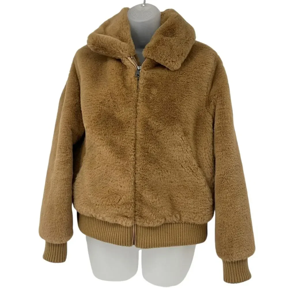 BANANA REPUBLIC Tan Teddy Puffy Faux Shearling Fur Jacket Zip Front Size Small - Picture 3 of 10